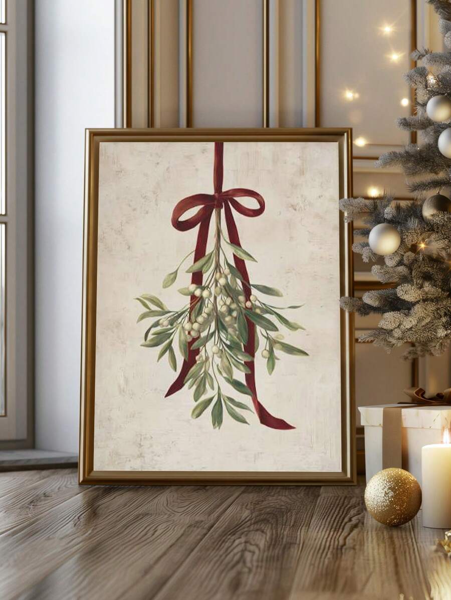 Vintage Christmas Mistletoe & Red Ribbon Winter Holiday Canvas Poster