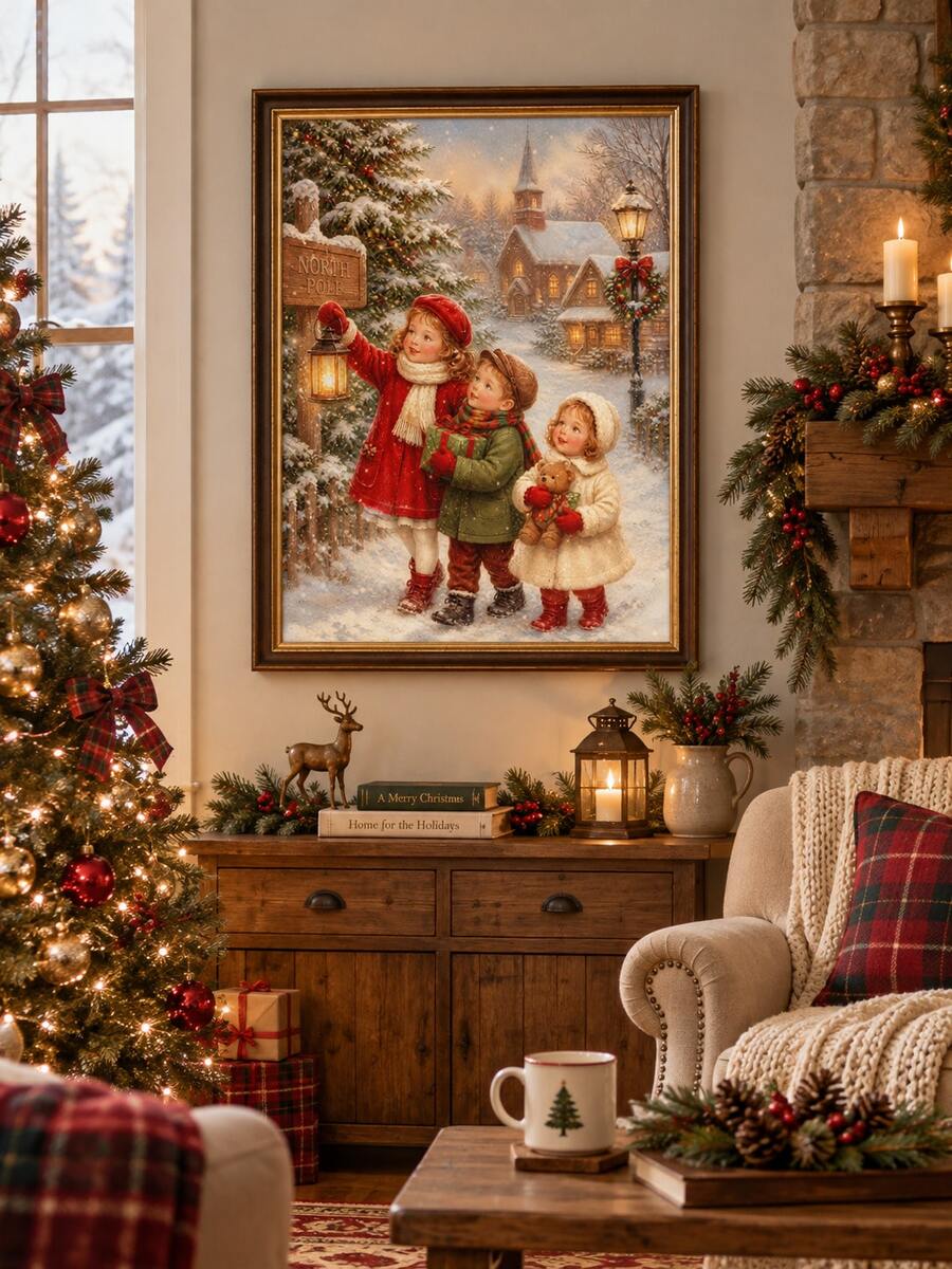 Vintage Christmas canvas poster in a dark wood frame above a festive farmhouse sideboard