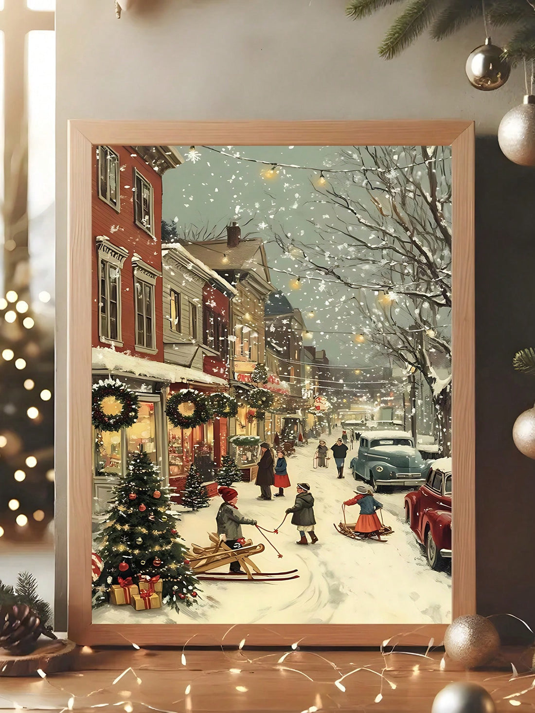 Transport your space into a nostalgic winter wonderland with this charming vintage Christmas town scene canvas art. Featuring meticulously detailed illustrations of snow-dusted cottages, twinkling streetlights, and festive carolers, this piece captures the warmth and magic of classic holiday traditions. The soft, muted color palette and timeless aesthetic complement both traditional and contemporary interiors seamlessly.