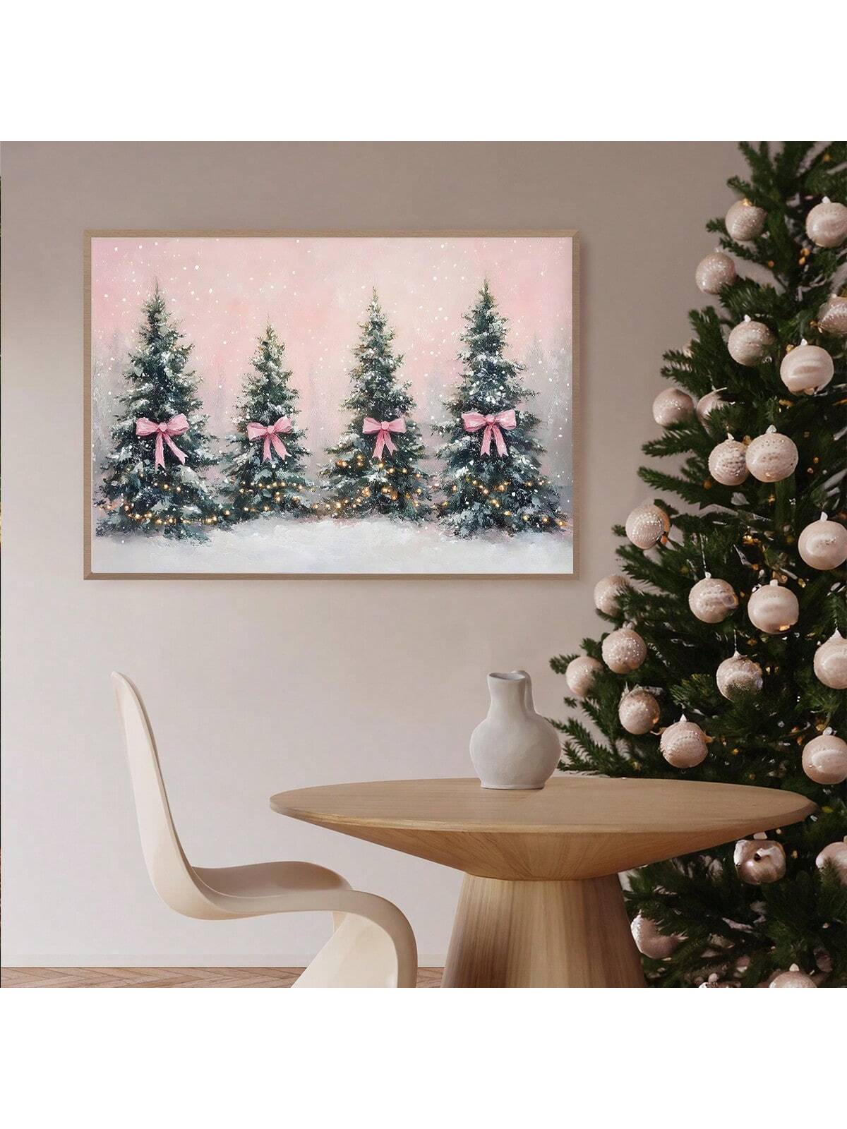 Elevate your seasonal décor with this sophisticated canvas wall art featuring a vintage-inspired Christmas tree adorned with a delicate pink bow. The minimalist design seamlessly complements contemporary interiors, offering a refined alternative to traditional holiday aesthetics. Rendered on premium canvas and expertly framed, this piece brings understated elegance to any room while maintaining the warmth of festive charm. Perfect for those seeking to balance modern sensibilities with timeless seasonal appe