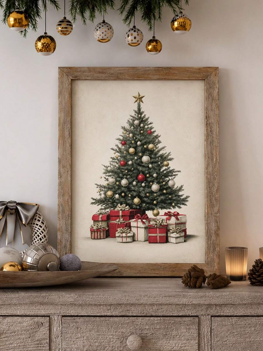 Vintage Christmas Tree & Gift Box Antique Holiday Canvas Poster 