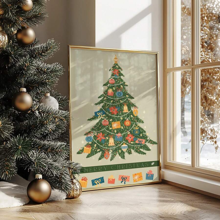 Illustrated Christmas tree print with colorful ornaments and Merry Christmas banner