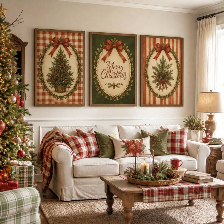 Rustic Christmas tree pine cone and wreath wall art trio above a plaid living room sofa