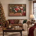 Framed sleeping Santa canvas above a leather sofa in a cozy Christmas living room