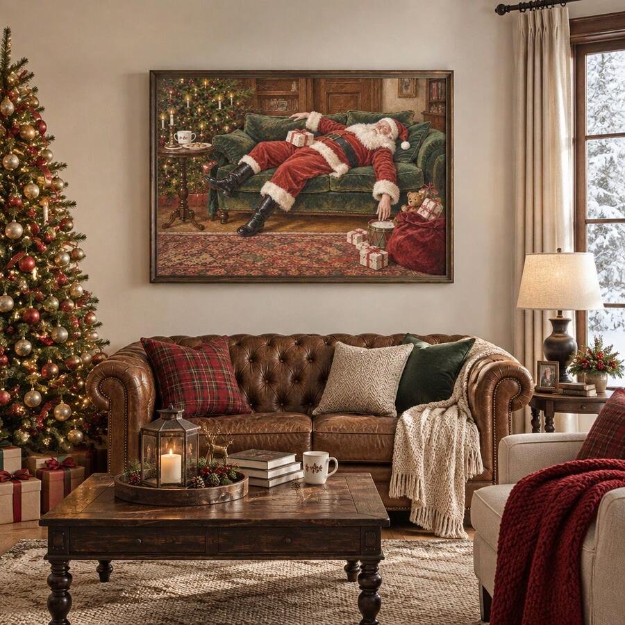 Framed sleeping Santa canvas above a leather sofa in a cozy Christmas living room