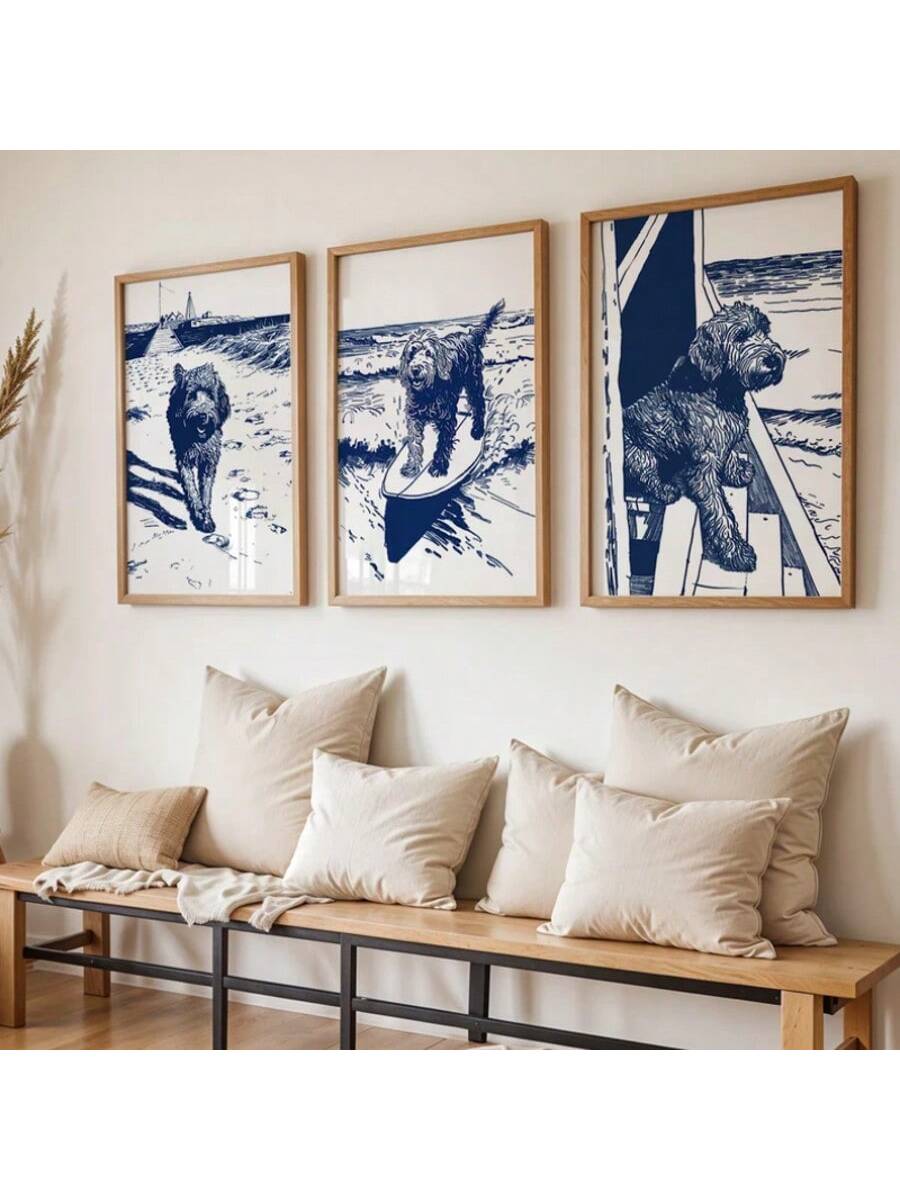 Elevate your living space with this Vintage Coastal Dog Art Print, featuring a charming beach and surf-themed design. Printed on high-quality canvas, it brings a nostalgic coastal vibe with a sophisticated touch, perfect for modern home decor. This artwork combines timeless charm and contemporary style, making it ideal for dog lovers and beach enthusiasts seeking a tasteful, serene accent for any room.