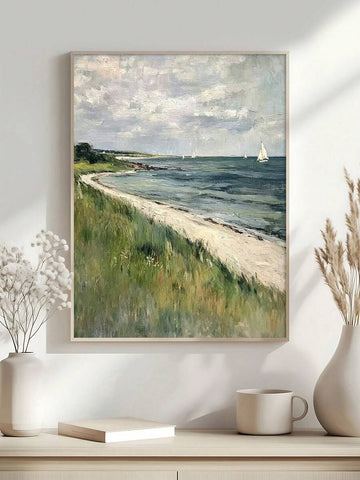 Coastal sailboat beach landscape in a light wood frame