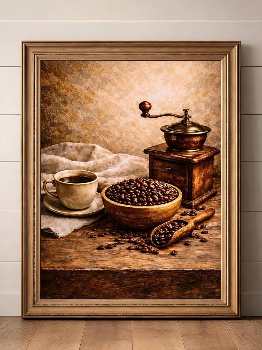 Vintage coffee grinder and cup still life in ornate bronze frame