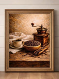Vintage coffee grinder and cup still life in ornate bronze frame
