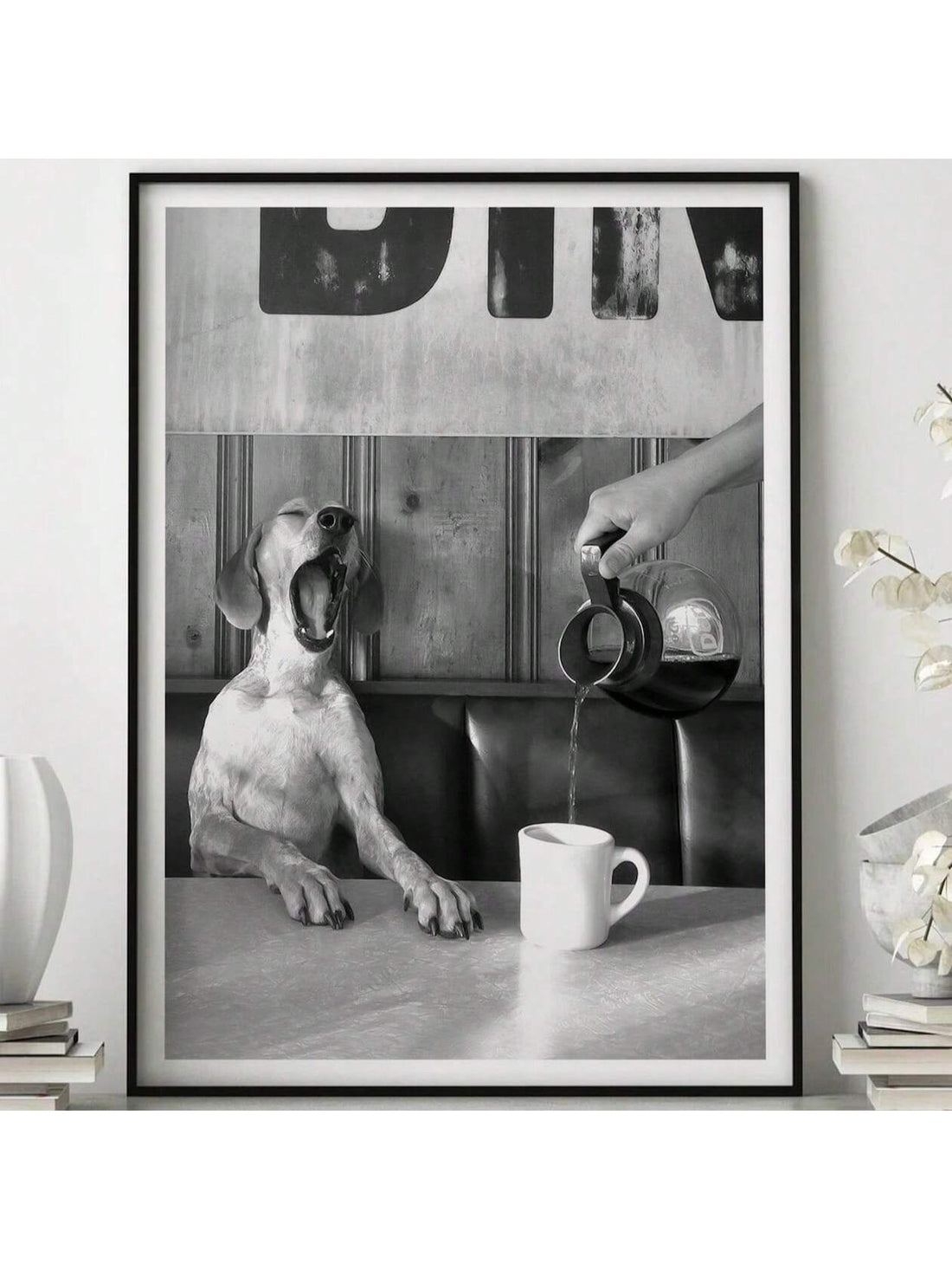 Bring warmth and character to your space with this charming vintage-inspired wall art featuring a monochrome dog photograph paired with the uplifting "Stay Pawsitive" quote. Perfect for coffee enthusiasts and pet lovers alike, this piece combines nostalgic aesthetics with modern motivational messaging. 
