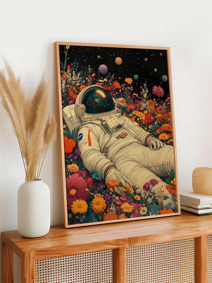 Astronaut wall art with cosmic flower field planets and colorful surreal space scene