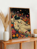 Astronaut wall art with cosmic flower field planets and colorful surreal space scene