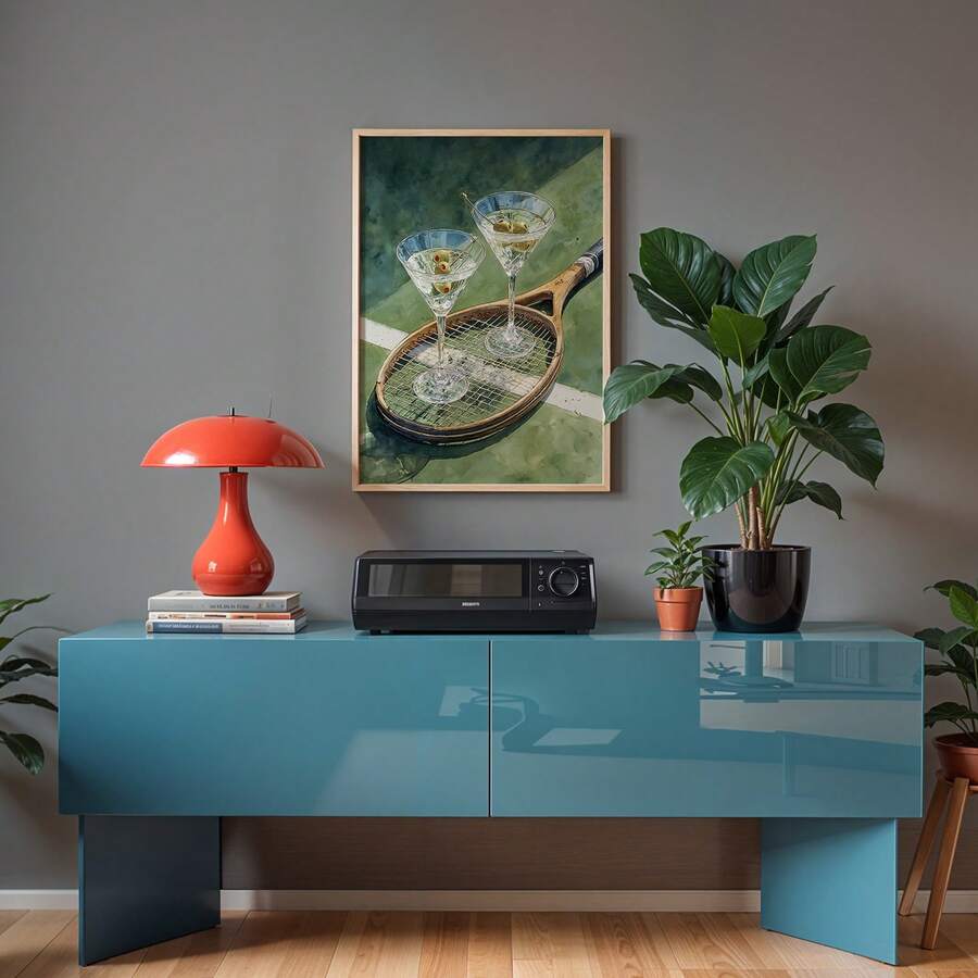 Vintage countryside tennis club and martini cocktail canvas poster in a wood frame