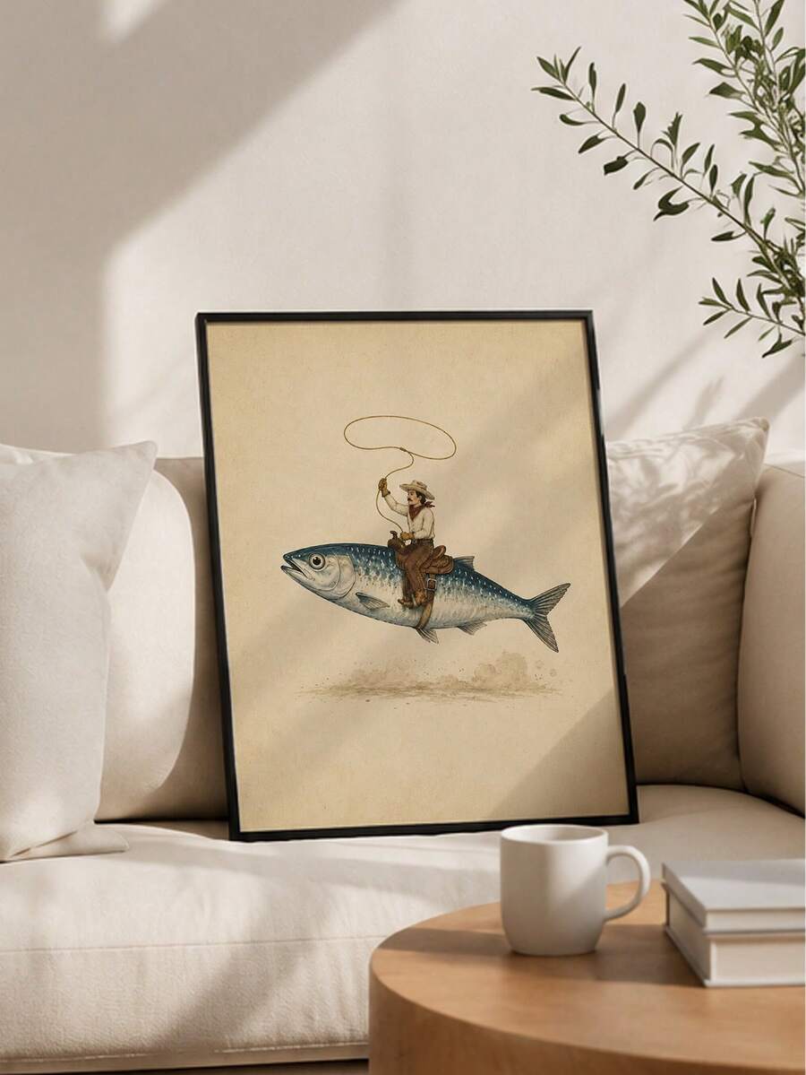 Black-framed cowboy riding giant fish print leaning on a cream sofa