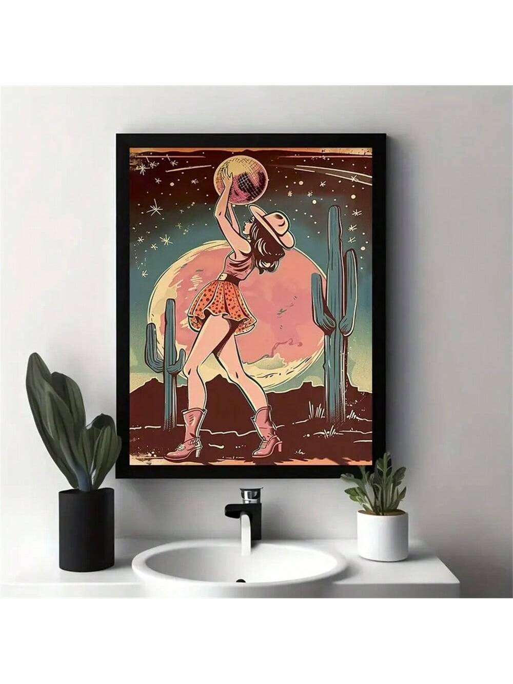 Add a touch of retro charm to your home or office with our Vintage Cowgirl Disco Ball Canvas Art Print. This frameless piece is the perfect wall decor for those who appreciate a unique, vintage aesthetic. Perfect for a café, this print is sure to catch the eye of any passerby.