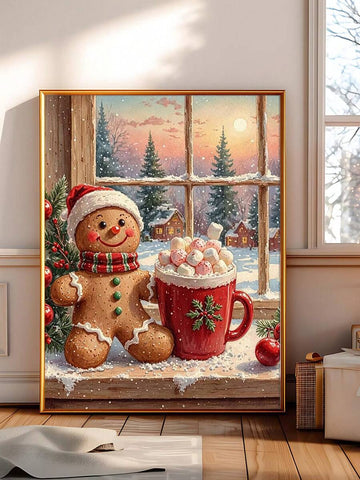 Framed gingerbread Christmas canvas poster with a Santa-hat character reading a newspaper beside a wreath