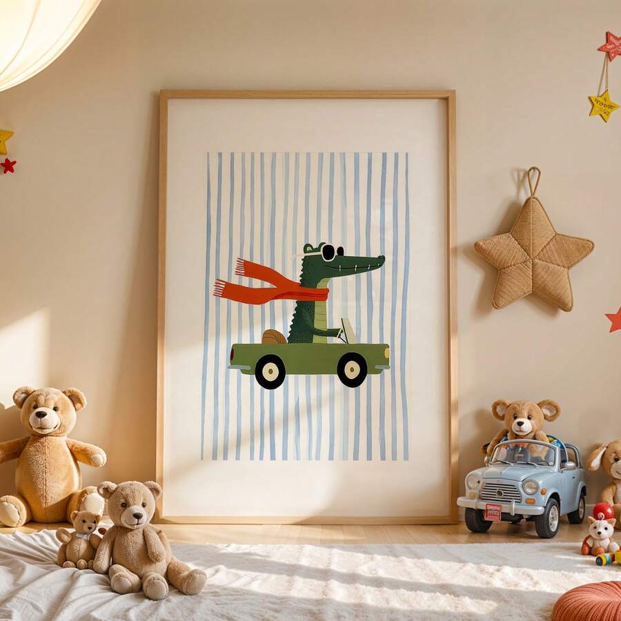 Framed crocodile driving a green convertible in a teddy bear nursery