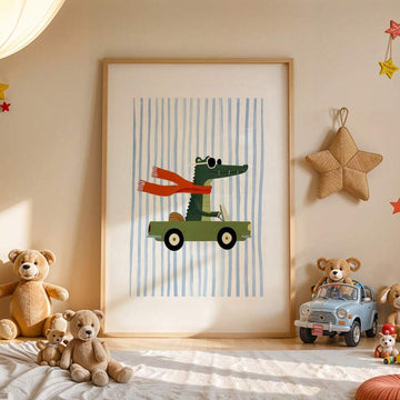 Framed crocodile driving a green convertible in a teddy bear nursery