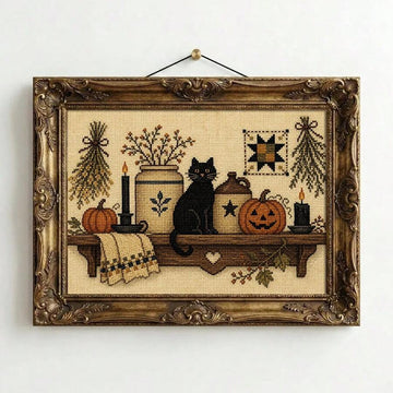 Cross-stitch Halloween cat framed wall art