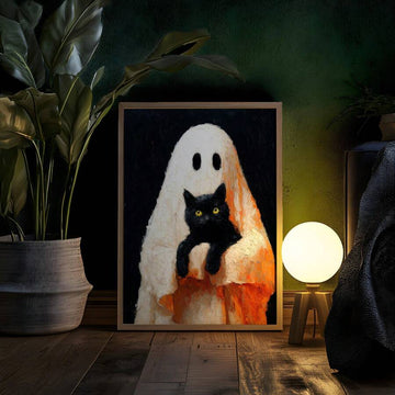 Framed ghost and black cat painting beside a glowing orb lamp