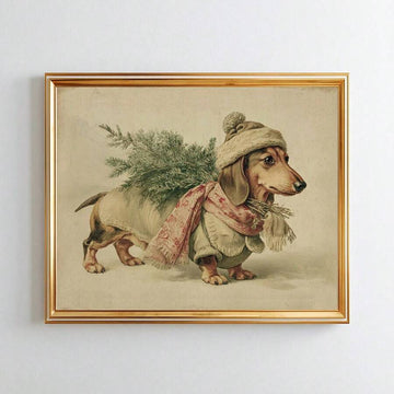 Vintage dachshund carrying Christmas tree canvas artwork in gold frame