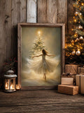 Dancer in a flowing ivory dress before a glowing Christmas tree in a rustic frame beside wrapped gifts and a lantern