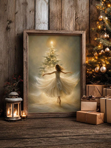 Dancer in a flowing ivory dress before a glowing Christmas tree in a rustic frame beside wrapped gifts and a lantern