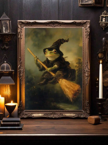 Vintage Dark Academia Witch Frog Riding Broom Canvas Poster