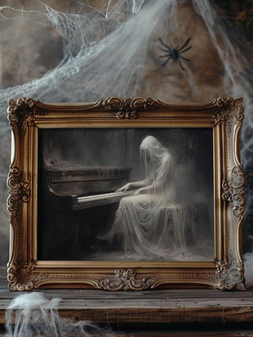 Vintage dark Gothic ghost playing old piano Dark Academia canvas poster