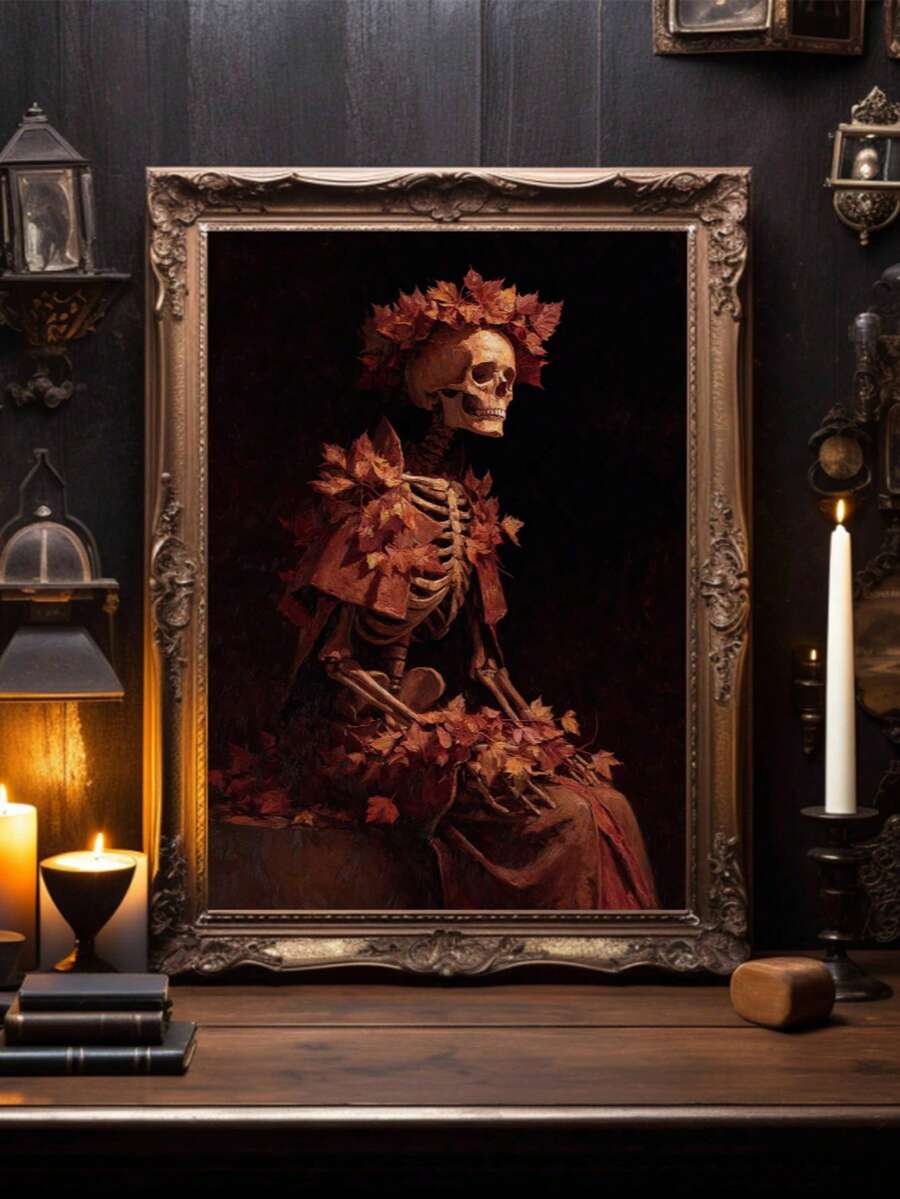 Vintage Dark Gothic Skull & Maple Leaf Canvas Poster 
