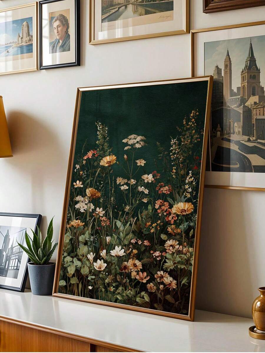 Wildflower wall art with dark green meadow flowers in vintage framed botanical print