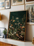 Wildflower wall art with dark green meadow flowers in vintage framed botanical print