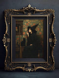 Vintage Dark Witch Canvas poster featuring a black cat, broom, and antique floral details. Perfect for gothic, witchcore, Halloween, and vintage decor.
