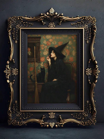 Vintage Dark Witch Canvas poster featuring a black cat, broom, and antique floral details. Perfect for gothic, witchcore, Halloween, and vintage decor.
