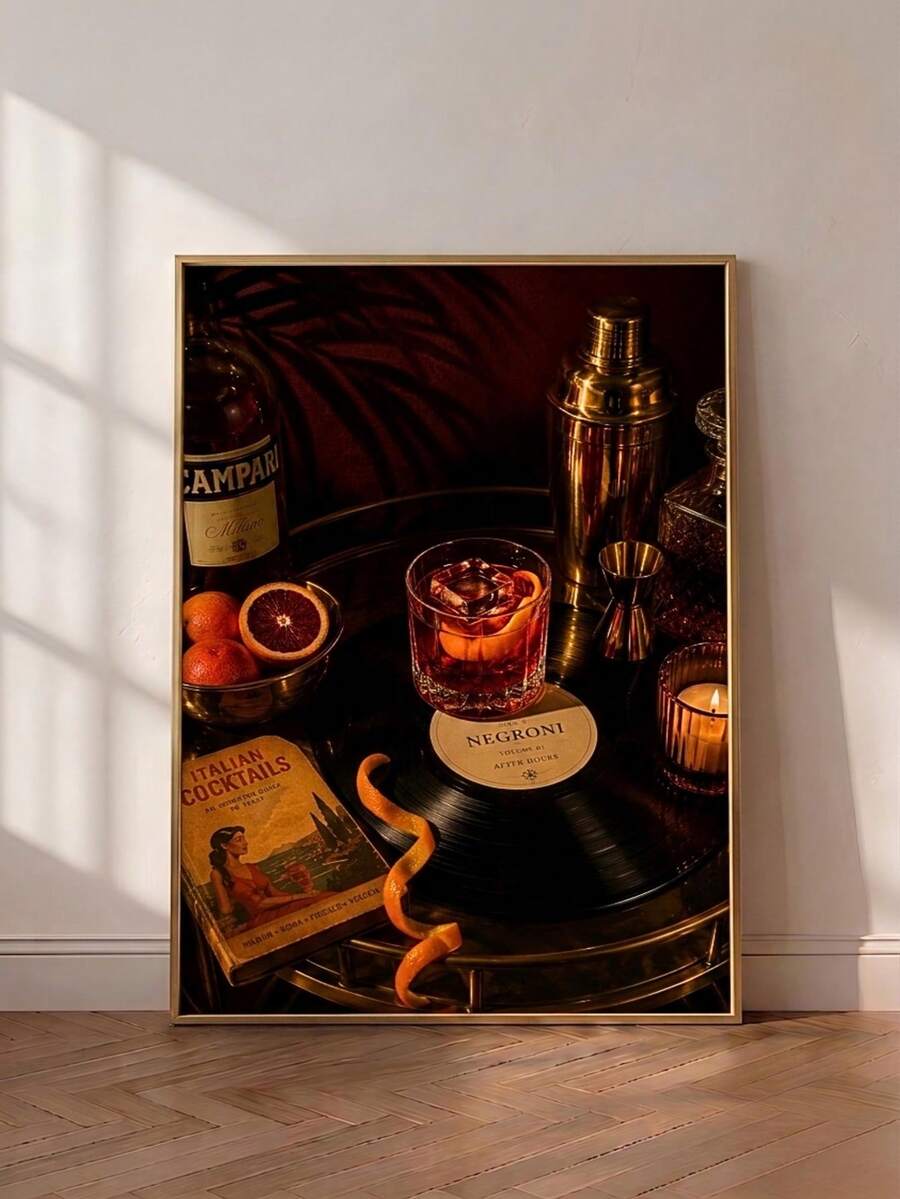 Vintage cocktail canvas poster with Negroni vinyl record shaker and Campari bottle