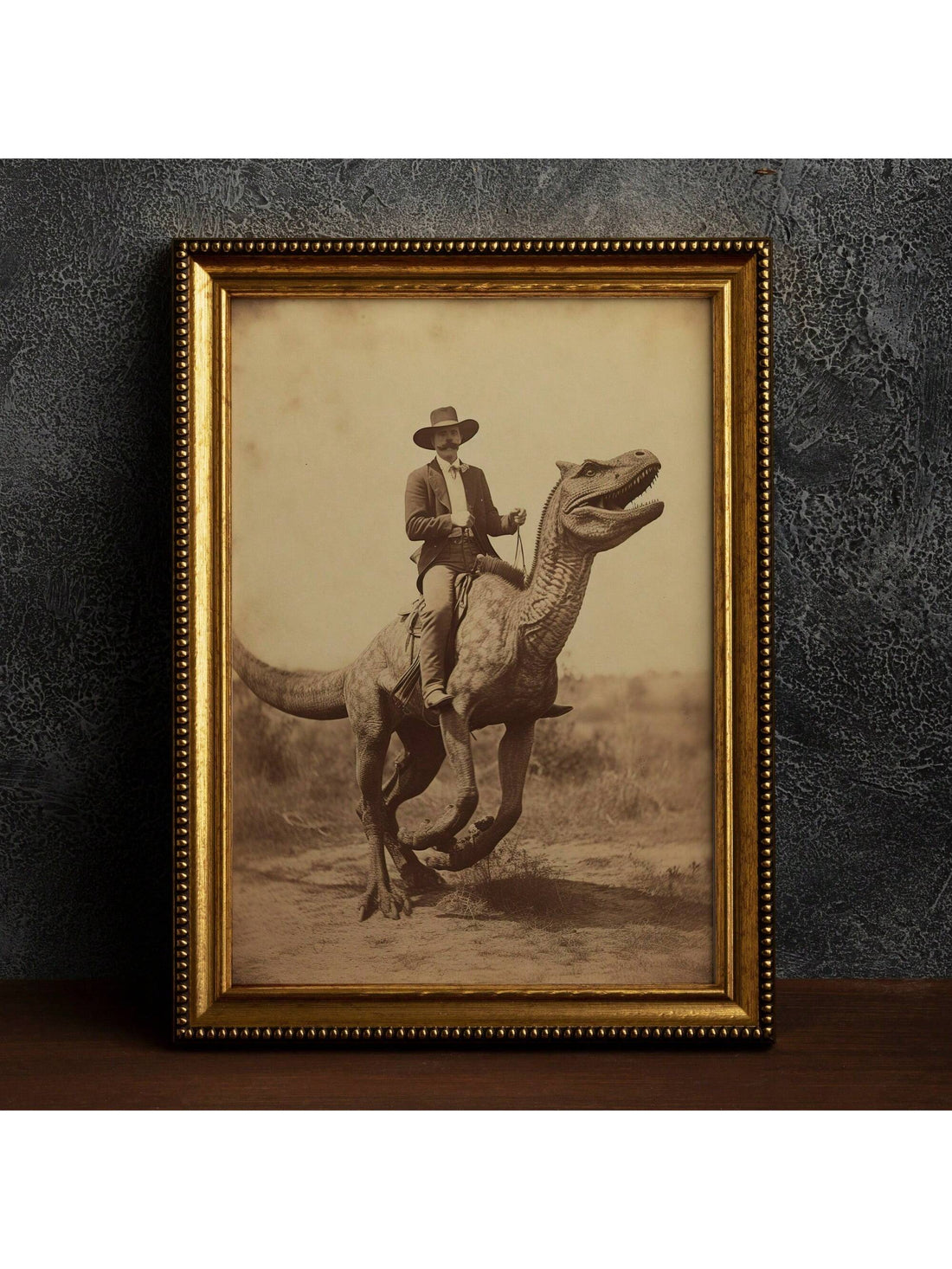 This striking canvas poster merges two iconic themes—vintage Americana and prehistoric adventure—into a captivating visual statement. The design features a dinosaur rendered in classic cowboy aesthetic, combining nostalgic charm with imaginative flair. 
