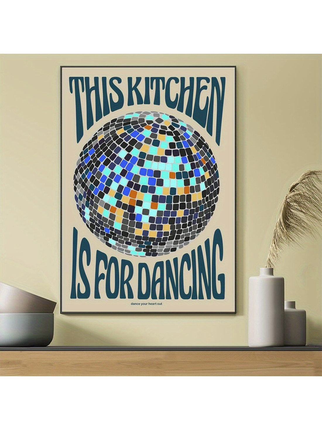 Transform your kitchen into a groovy dance floor with our Vintage Disco Ball Kitchen Wall Art. This unframed canvas print features a retro disco ball and the phrase "This Kitchen Is For Dancing". Share your love of music and good times while elevating your kitchen decor.