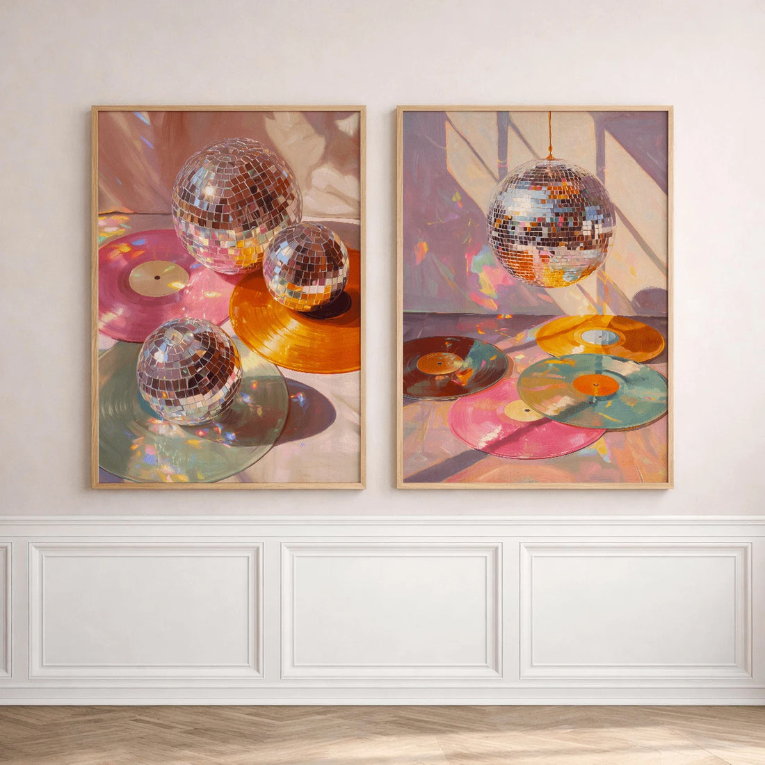 2pcs Vintage Disco Ball and Vinyl Record wall art set with retro music charm. Perfect for bedrooms, music rooms, home bars, studios, and dorm decor.