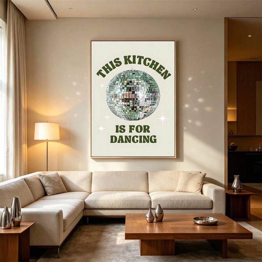 Large retro disco ball kitchen dancing poster above cream sofa