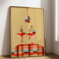 Framed retro canvas print of two star-costumed figures beneath a disco ball