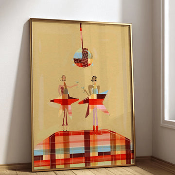 Framed retro canvas print of two star-costumed figures beneath a disco ball