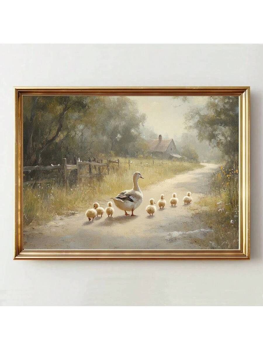 Bring warmth and charm to any space with this vintage duck and ducklings canvas print. Featuring a timeless rustic design, this graphic artwork adds character to kids' rooms, living areas, bedrooms, dining rooms, home offices, and kitchens. The multicolor palette complements various décor styles while the durable canvas material ensures lasting quality. Perfect for creating a cozy, nostalgic atmosphere that appeals to both children and adults who appreciate classic farmhouse aesthetics.
