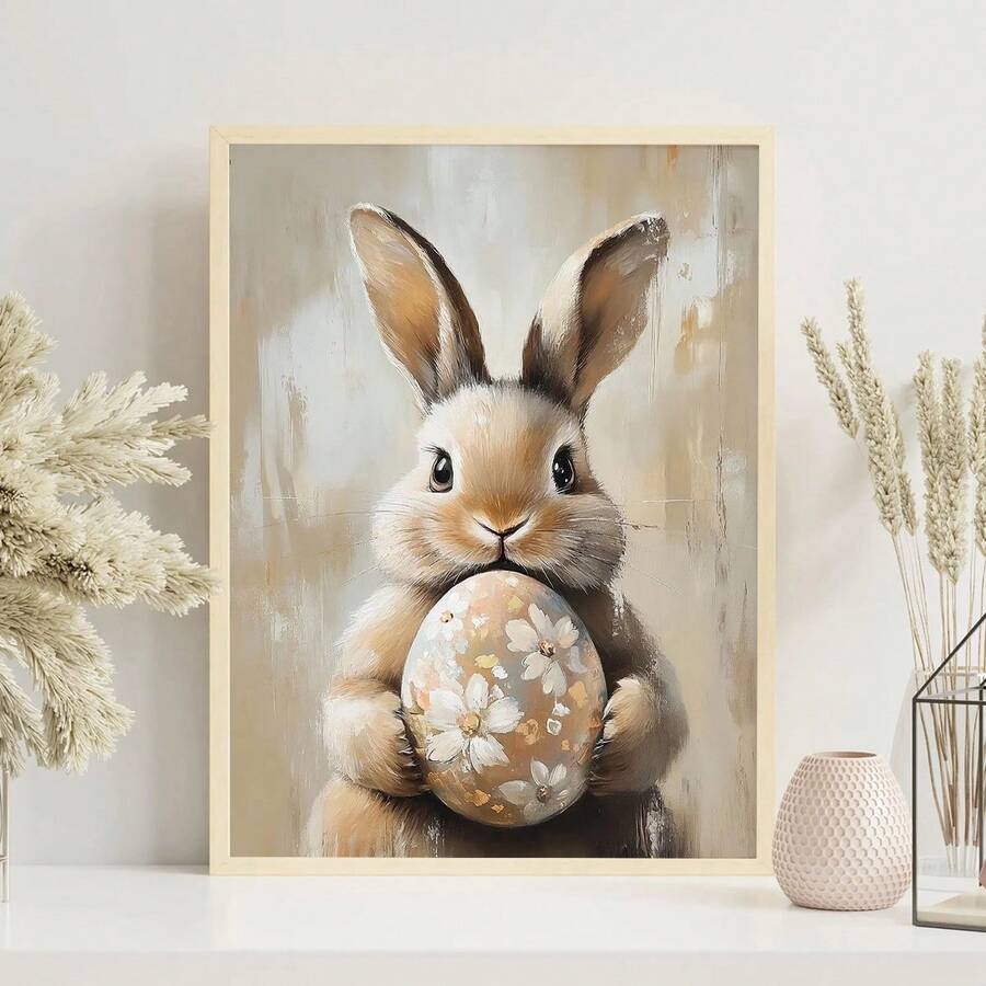 Bring springtime charm to any room with this delightful vintage Easter bunny canvas wall art. Featuring whimsical rabbits surrounded by colorful floral eggs and botanical details, this piece captures the playful spirit of the season. Perfect for nurseries, bedrooms, or living spaces seeking a touch of seasonal warmth. The waterproof canvas construction ensures durability, while the removable design offers flexible decorating options. Available as both framed and unframed, this charming artwork adds nostalgi
