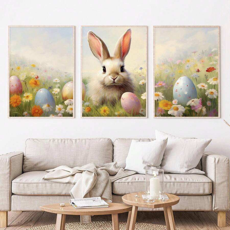 Bring spring charm to your home with this enchanting 3-piece vintage Easter canvas wall art set. Featuring delicate bunny and egg designs in soft, pastoral tones, these framed pieces perfectly capture the essence of farmhouse style. Each canvas is crafted from quality materials and comes ready to hang, making installation effortless. The waterproof finish ensures lasting beauty season after season, while the removable design lets you refresh your décor whenever inspiration strikes. Ideal for dining rooms, e