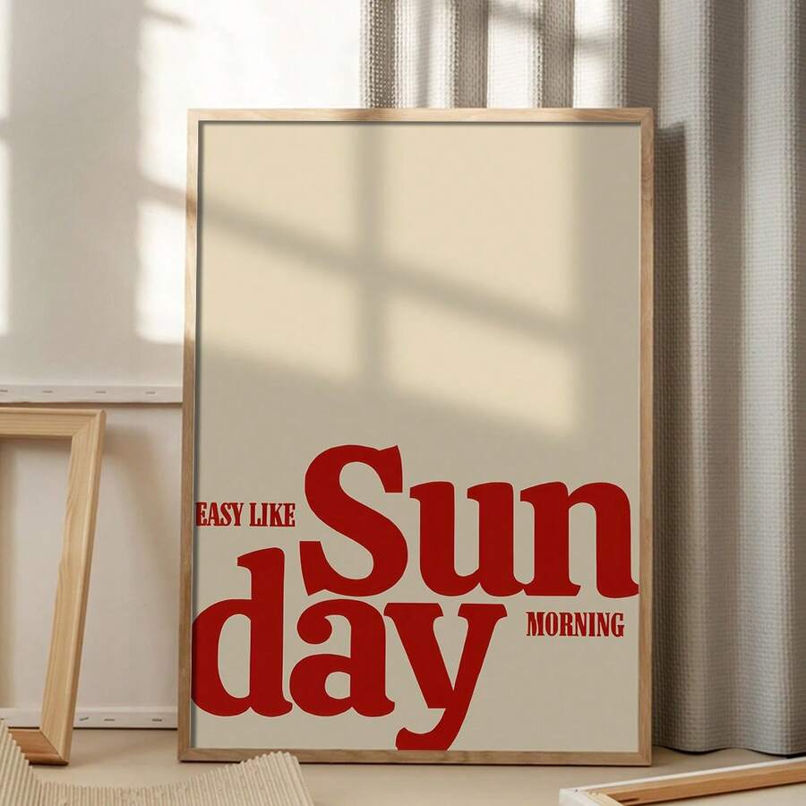 Retro Sunday morning typography canvas poster in a light wood frame