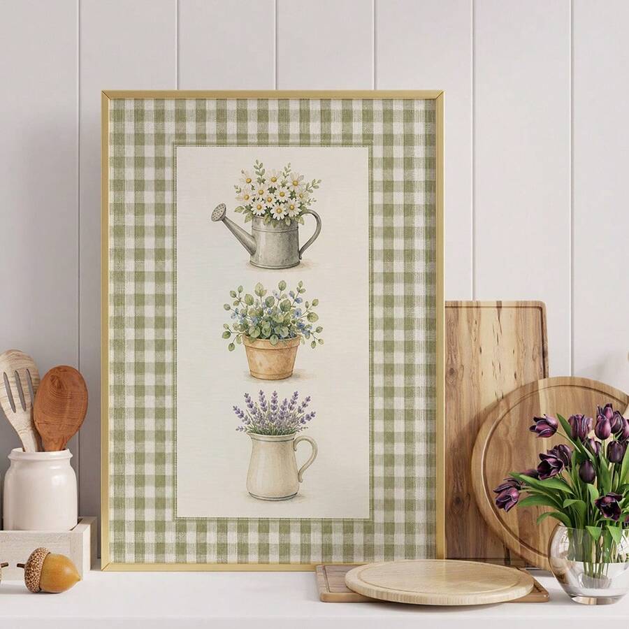 Vintage botanical wall art with daisies in a metal watering can