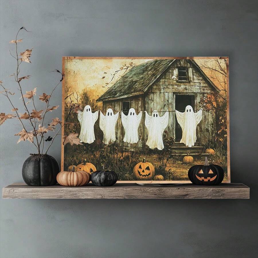 Ghost clothesline print with pumpkins and rustic wooden barn
