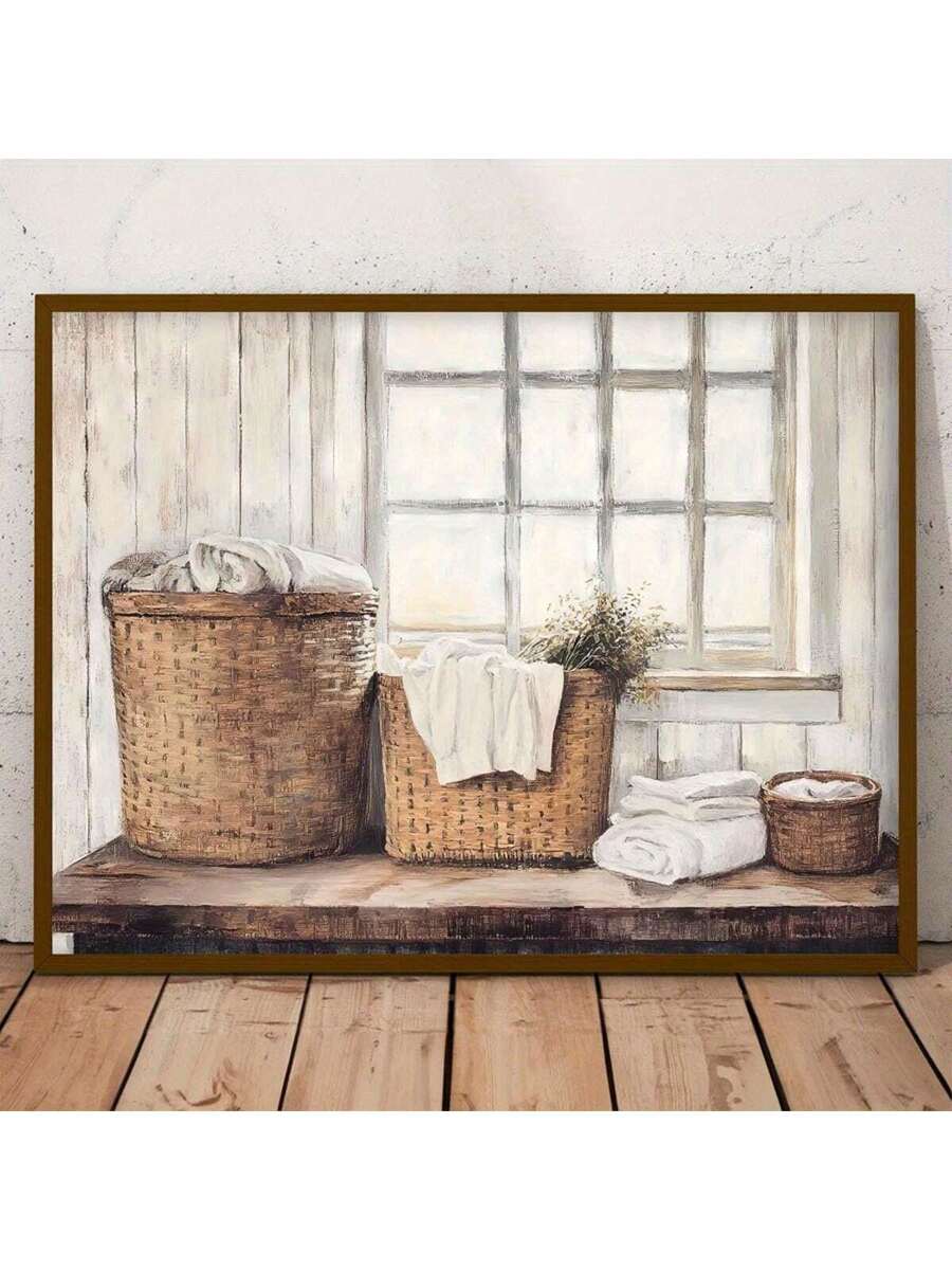 Bring rustic charm into your space with this vintage farmhouse laundry basket canvas wall art. Featuring a multicolor graphic design with botanical and textured elements, this piece perfectly captures country cottage aesthetics. Crafted on durable canvas with a modern twist, it's ideal for dining rooms, bedrooms, or home offices. The waterproof material ensures lasting beauty, while the removable design offers flexible decorating options. Transform any room with this versatile hanging painting that blends t