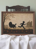 Vintage Farmhouse Thanksgiving Canvas poster featuring a playful boy chasing a turkey silhouette. Perfect for kitchens, dining rooms, rustic homes, and fall decor.