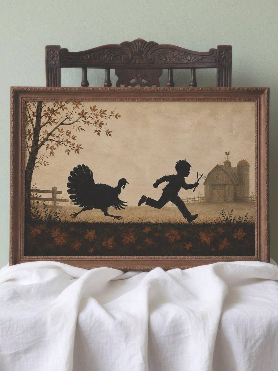 Vintage Farmhouse Thanksgiving Canvas poster featuring a playful boy chasing a turkey silhouette. Perfect for kitchens, dining rooms, rustic homes, and fall decor.